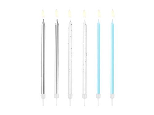 Birthday candles, blue & silver - 6 pcs