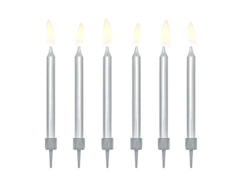 Birthday candles, plain, silver - 6 pcs