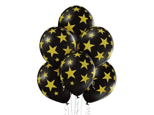 Black latex balloons with gold stars - 12" - 6 szt.