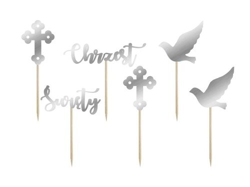 Cake topper Baptism, silver - 6 pcs