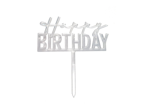 Cake topper Happy Birthday, silver - 1 pc