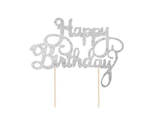 Cake topper Happy Birthday, silver - 21 cm - 1 pc