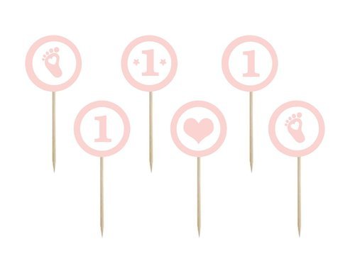Cake toppers 1st birthday, pink - 6 pcs