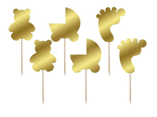 Cake toppers baby shower, gold - 6 pcs