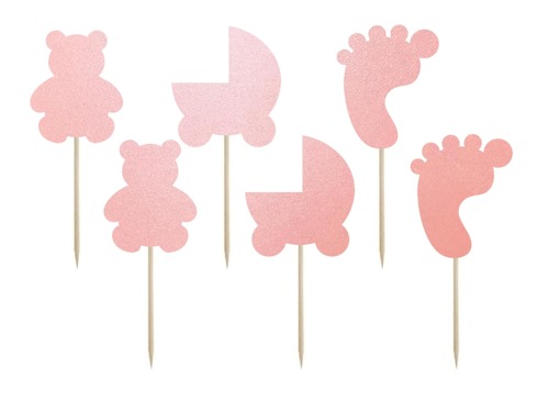 Cake toppers baby shower, pink - 6 pcs