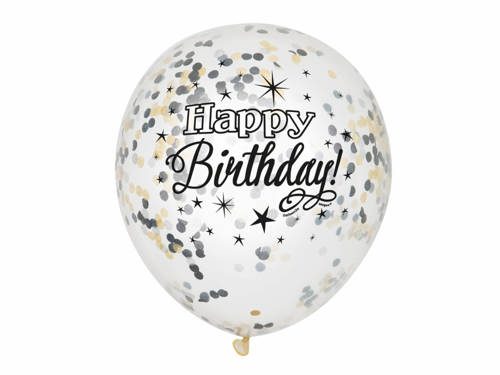 Clear Latex Happy Birthday Balloons with black, gold & silver confetti - 30 cm - 6 pcs.