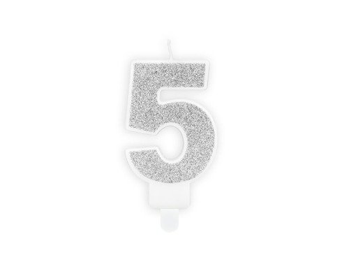 Glitter silver Candle number 5 - 1 pc