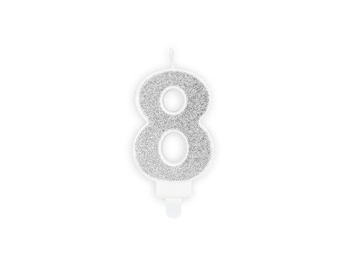 Glitter silver Candle number 8 - 1 pc