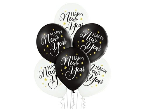 Happy New year black white balloons - 30 cm - 6 pcs