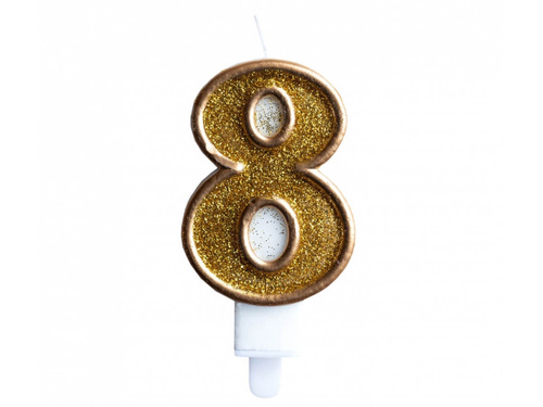 Number candle with gold border and gold glitter - 8 - 1 piece.