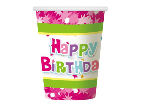 Pink Happy Birthday Paper Cups - 270 ml - 6 pcs