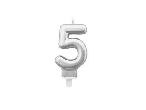 Silver metallic number candle - 5 - 1 piece.