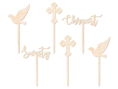 Wooden decorations for muffins Christening - 6 pcs.