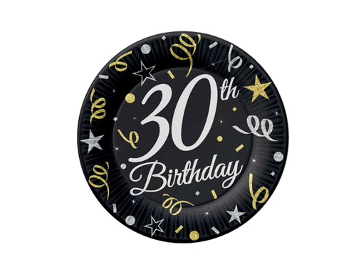 Thirtieth birthday plates black - 18 cm - 6 pcs.