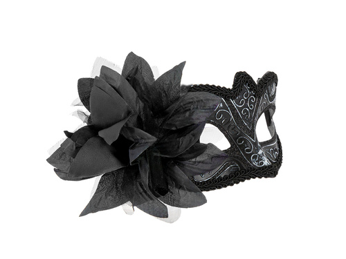 Maska karnawałowa z kwiatem - czarna - 1 szt.
