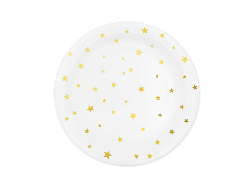 Talerzyki papierowe białe w złote gwiazdki - 18 cm - 6 szt.