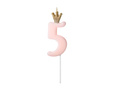 Candle number five light pink with crown - 5 - 1 piece.