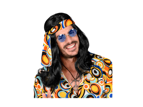 Czarna peruka Disco Fever Hipis z lat 70. z opaską