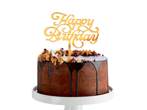 Topper z pleksi na tort Happy Birthday złoty - 1 szt.