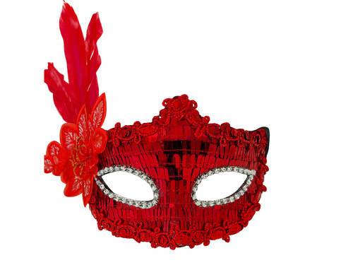 Maska karnawałowa cekinowa z piórami - czerwona - 1 szt.
