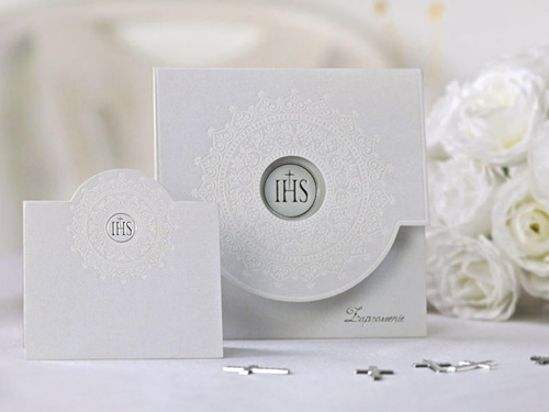 Communion invitation with white ornament - 10 pcs.