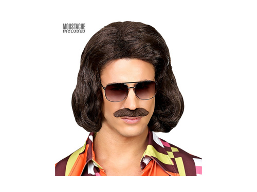 Brązowa peruka Dandy z lat 70. z wąsami