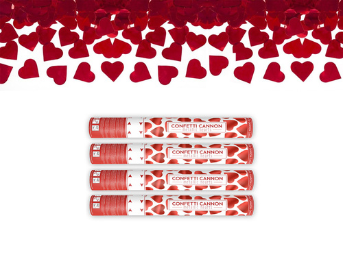 Confetti cannon with hearts, red, 40cm, 4 pc