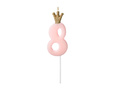 Candle number eight light pink with crown - 7 - 1 piece.