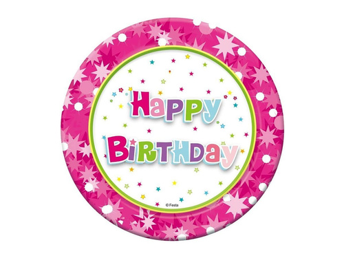 Talerzyki papierowe na urodziny Happy Birthday Różowe - 18 cm - 6 szt.