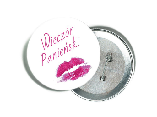 White pin with pink lettering and lips for Ladies' Night Out