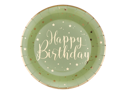 Talerzyki papierowe na urodziny oliwkowe Happy Birthday - 22,5 cm - 10 szt.