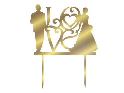 Gold mirrored plexiglass topper for Love cake with bride and groom - 16.5 cm