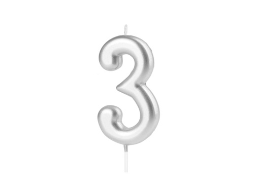 Silver number candle - 3 - 1 piece.