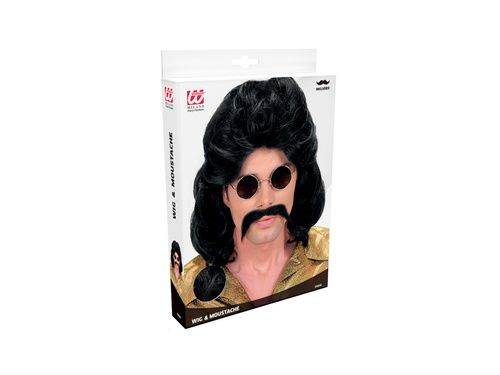 Czarna peruka fazet lat 70-tych z wąsami