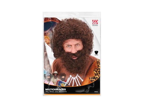 Brązowa kręcona peruka jaskiniowca z brodą