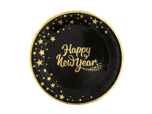 Talerzyki papierowe na Sylwestra Nowy Rok Happy New Year czarne - 18 cm - 6 szt.