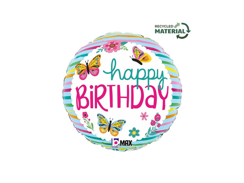 Balon foliowy okrągły Happy Birthday z motylkami - 14" - 1 szt.