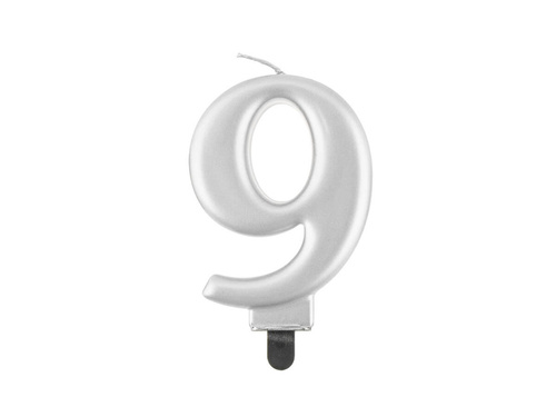 Silver metallic number candle - 9 - nine