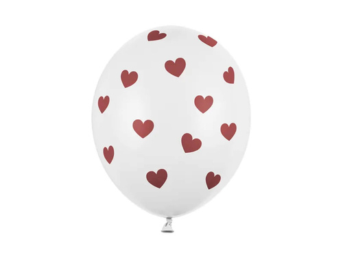 White latex balloons with red hearts - 30 cm - 6 pcs.