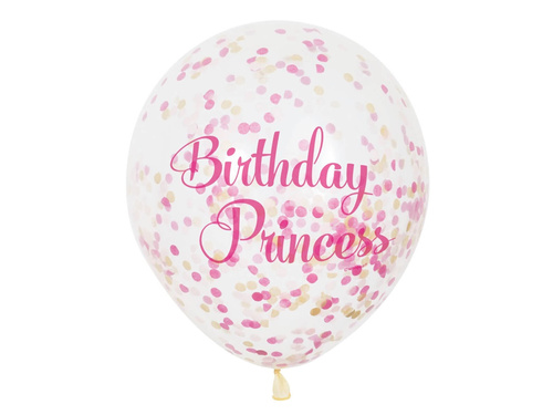 Balony przezroczyste z nadrukiem Birthday Princess oraz konfetti w środku - 30 cm - 6 szt.