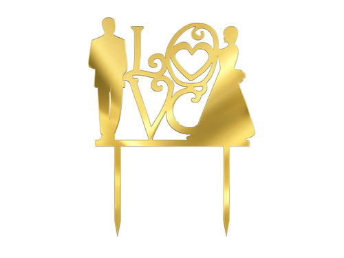 Gold mirrored plexiglass topper for Love cake with bride and groom - 16.5 cm