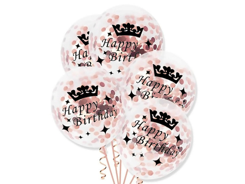 Balony przezroczyste z różowo złotym konfetti Happy Birthday - 30 cm - 100 szt