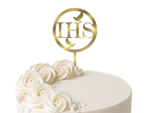 Gold mirrored plexiglass topper for IHS I Communion cake