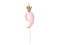 Candle number nine light pink with crown - 7 - 1 piece.