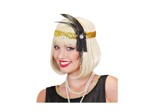 Złota cekinowa opaska z piórem i perłami