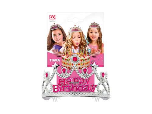 Srebrna tiara Happy Birthday z różowymi klejnotami