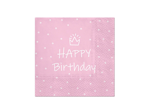 Happy Birthday pink napkins with crown - 33 cm - 20 pcs.