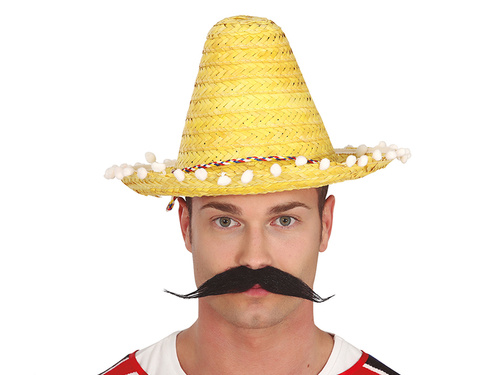 Sombrero meksykańskie żółte z pomponikami - 33 cm - 1 szt.