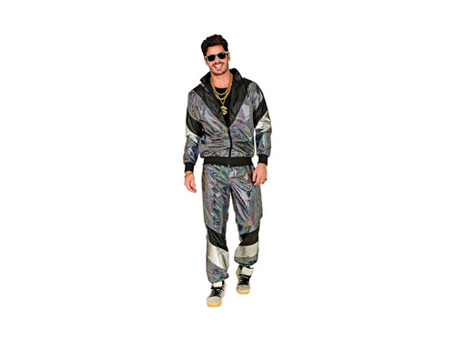 Strój lata 80-te - srebrny odblaskowy shell suit (kurtka + spodnie)