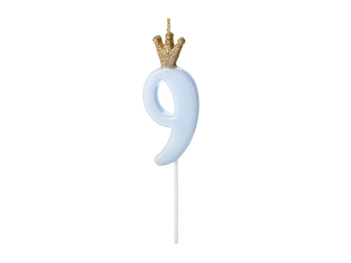 Candle number nine blue with crown - 9 - 1 piece.